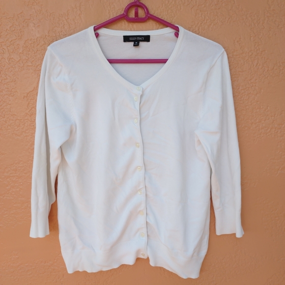 Ellen Tracy Medium Cardigan White 3/4 Long Sleeves Buttons Up Rayon Blend - Picture 1 of 9